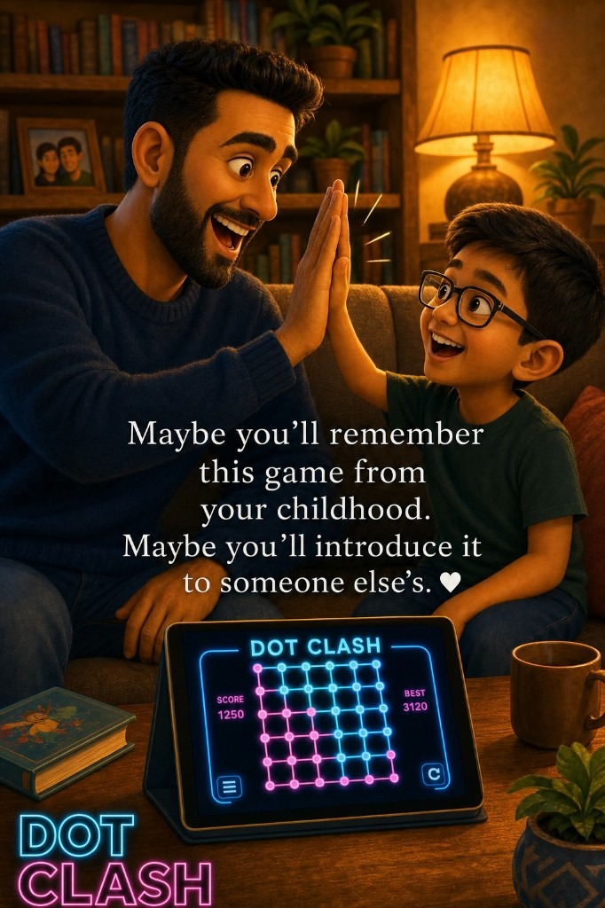 A parent and child celebrating over Dot Clash on a tablet.